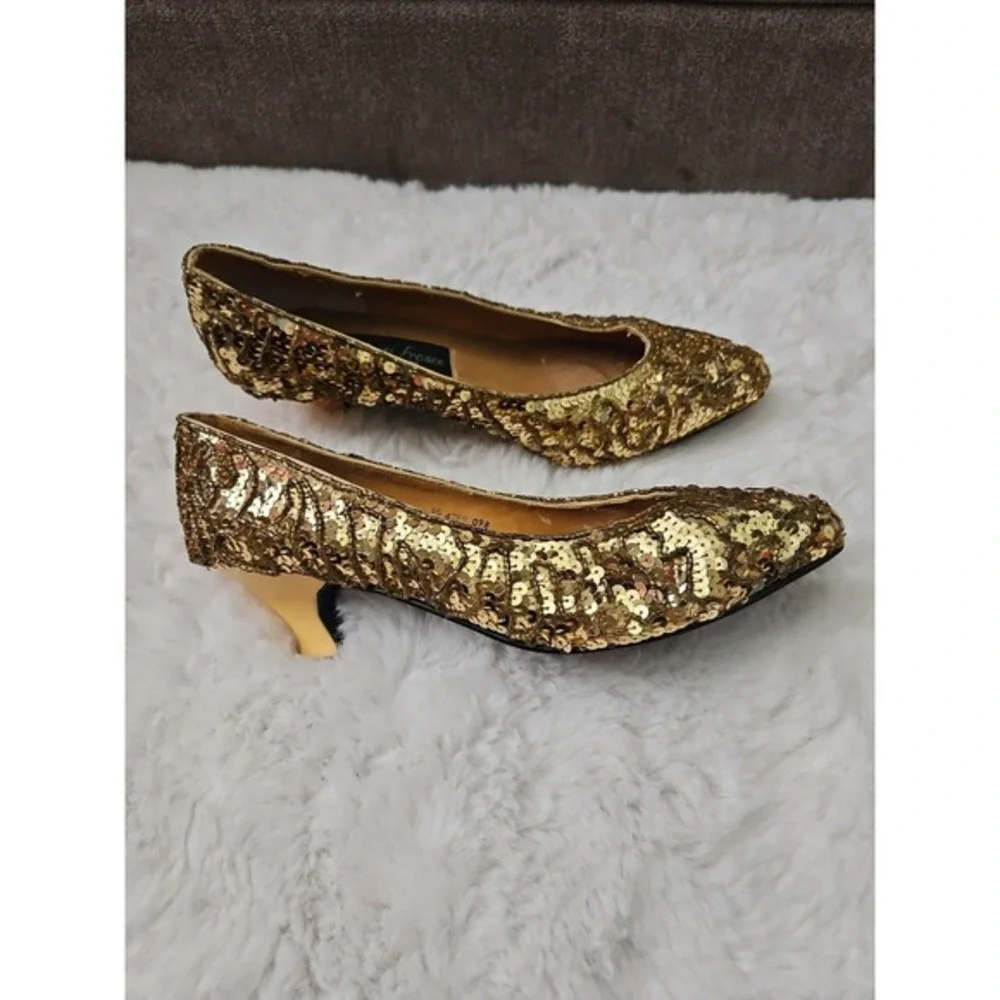 Valenti Franco Gold Sequin Beaded Kitten Heels‎ Pumps Size 7.5 Vintage Glam